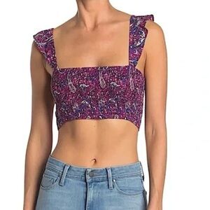 Nanette Lepore Smocked Crop Top Ruffle Sleeveless Colorful Print Stretchy Size M